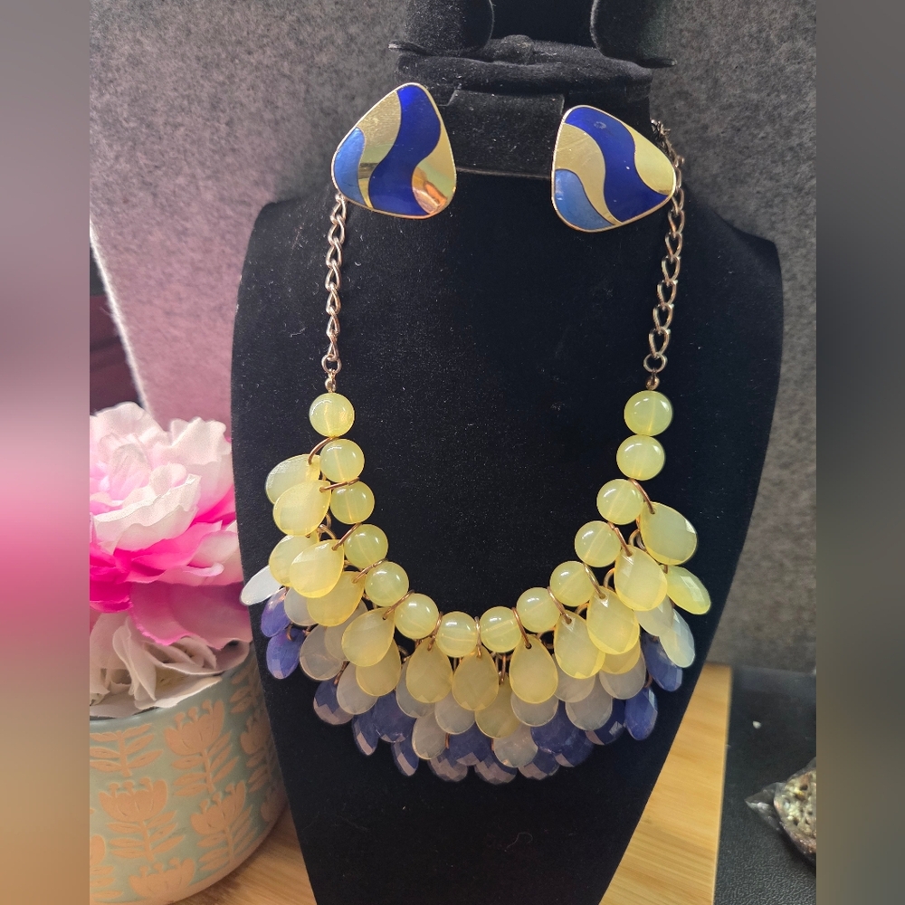 Blue and Yellow Necklace and Earring Set